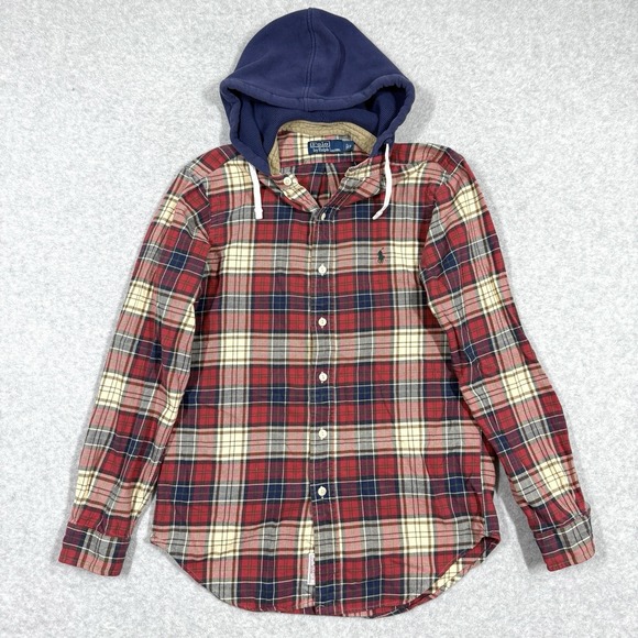 Vintage 90s Polo Ralph Lauren Shirt Mens Small Hooded Heritage Flannel Hoodie - Picture 1 of 15